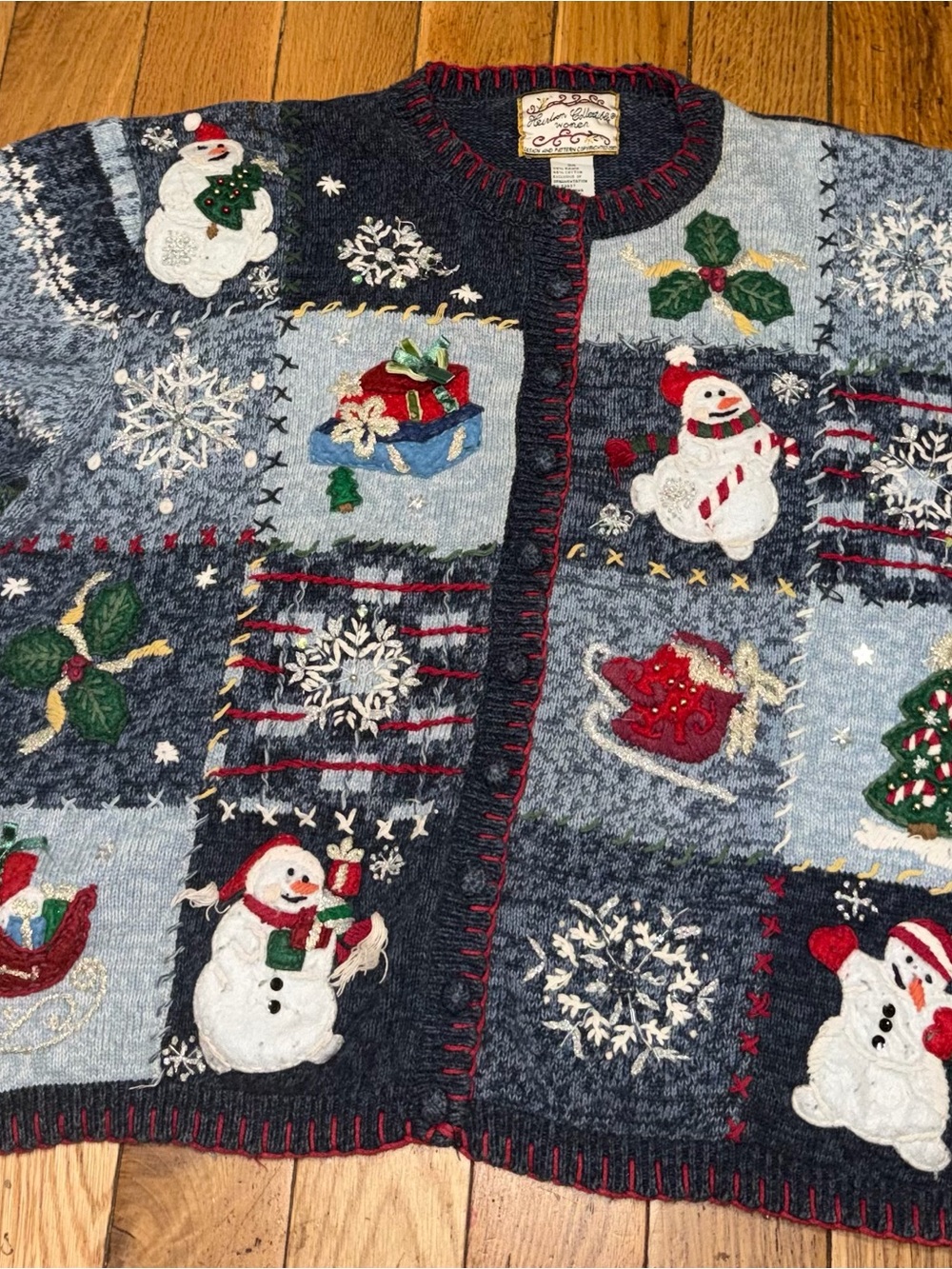Vintage Holiday Snowman Patchwork Sweater Cardigan - Blue